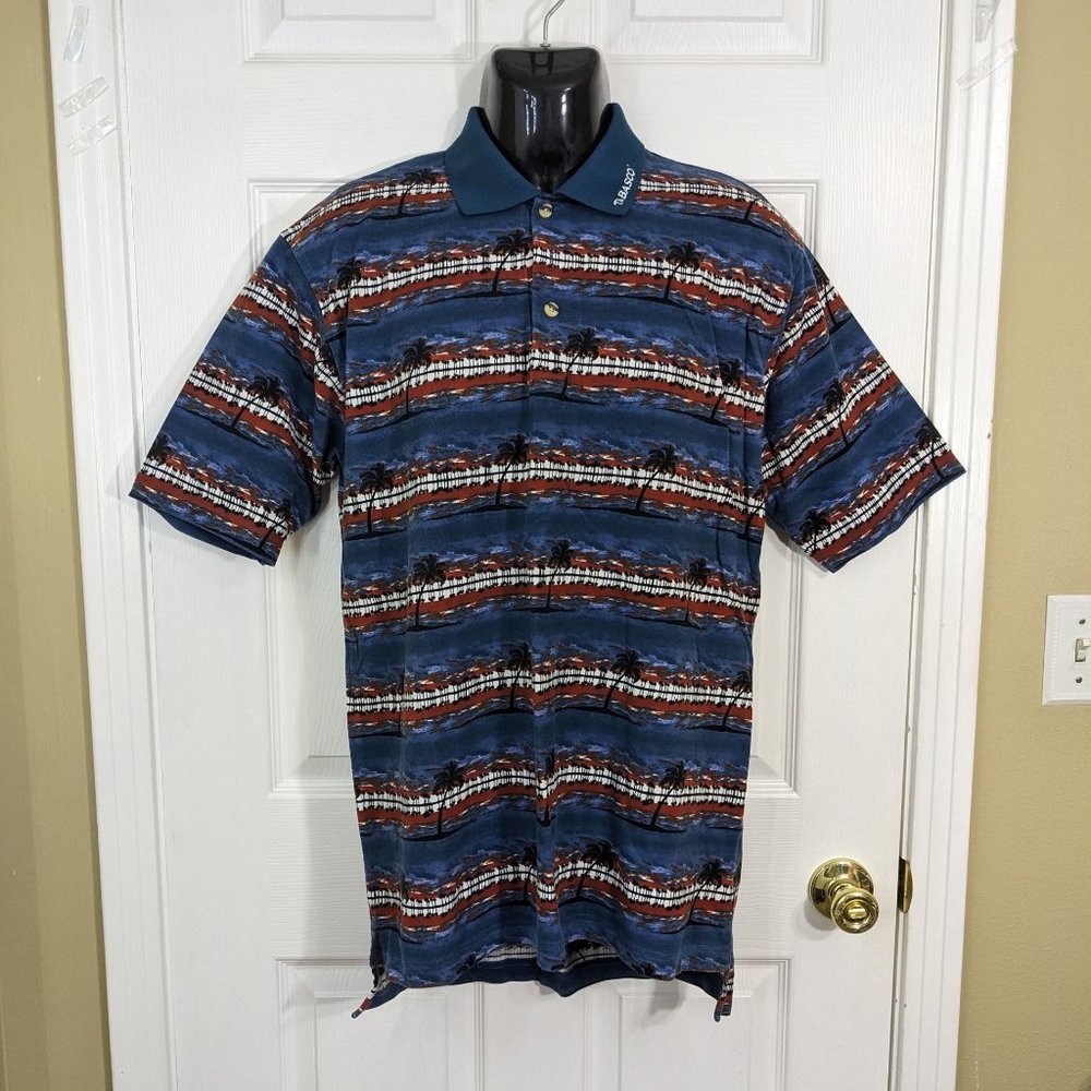 Tabasco Vintage Cotton Blue Watercolor w/Palm Tree Print Golf Polo Shirt - M